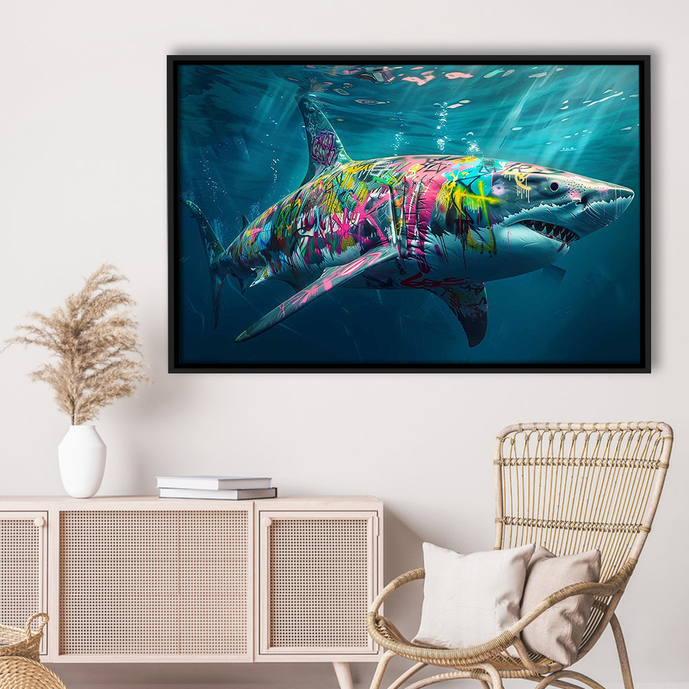 Magnificent Great White Shark Graffiti An Exquisite, Capturing The Essence Of Underwater, Framed Cavas Print