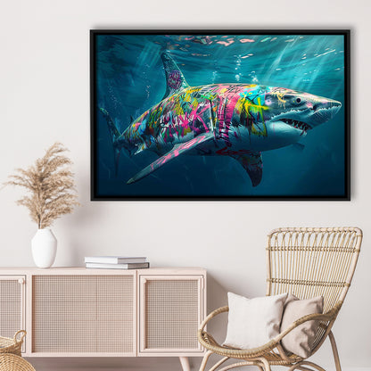 Magnificent Great White Shark Graffiti An Exquisite, Capturing The Essence Of Underwater, Framed Cavas Print