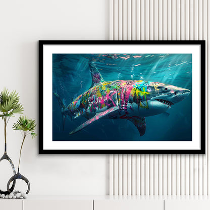 Magnificent Great White Shark Graffiti An Exquisite, Capturing The Essence, Framed Art Print White Border