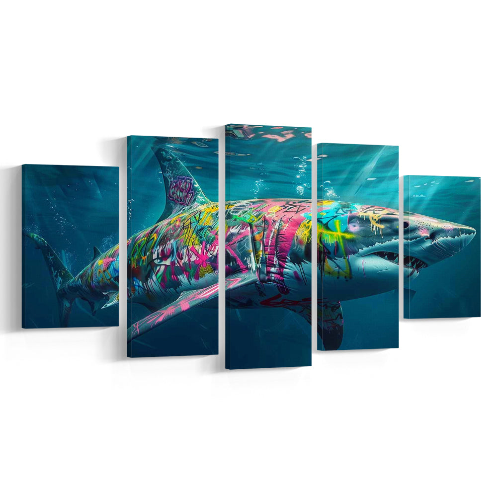 Magnificent Great White Shark Graffiti An Exquisite, Capturing the Essence of Underwater, 5 Piece Large Cavas Print Wall Art