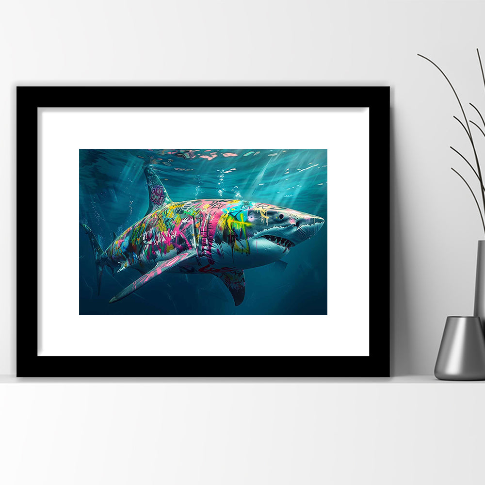 Magnificent Great White Shark Graffiti An Exquisite, Capturing The Essence, Framed Art Print White Border