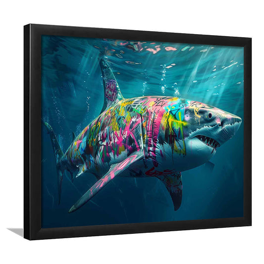 Magnificent Great White Shark Graffiti An Exquisite, Capturing The Essence Of Underwater, Framed Art Print, Picture Framed
