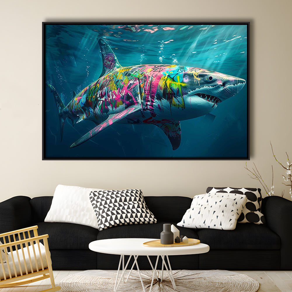 Magnificent Great White Shark Graffiti An Exquisite, Capturing The Essence Of Underwater, Framed Cavas Print