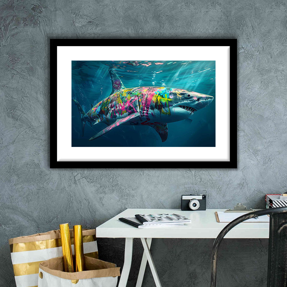 Magnificent Great White Shark Graffiti An Exquisite, Capturing The Essence, Framed Art Print White Border