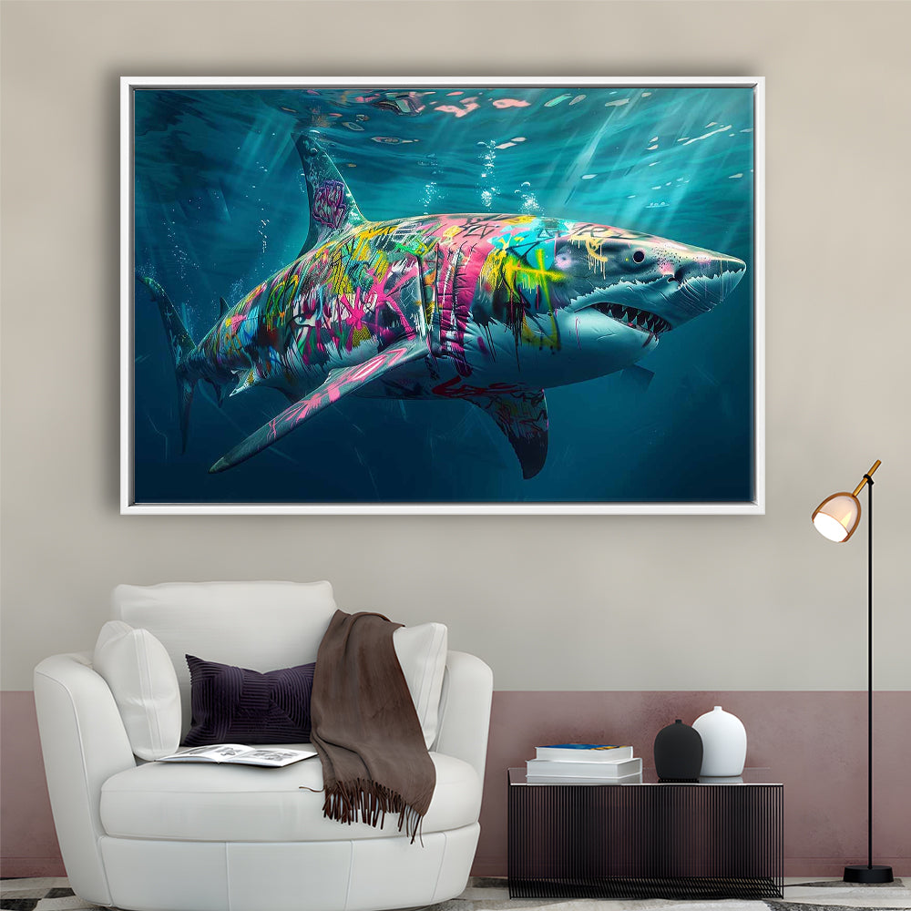 Magnificent Great White Shark Graffiti An Exquisite, Capturing The Essence Of Underwater, Framed Cavas Print