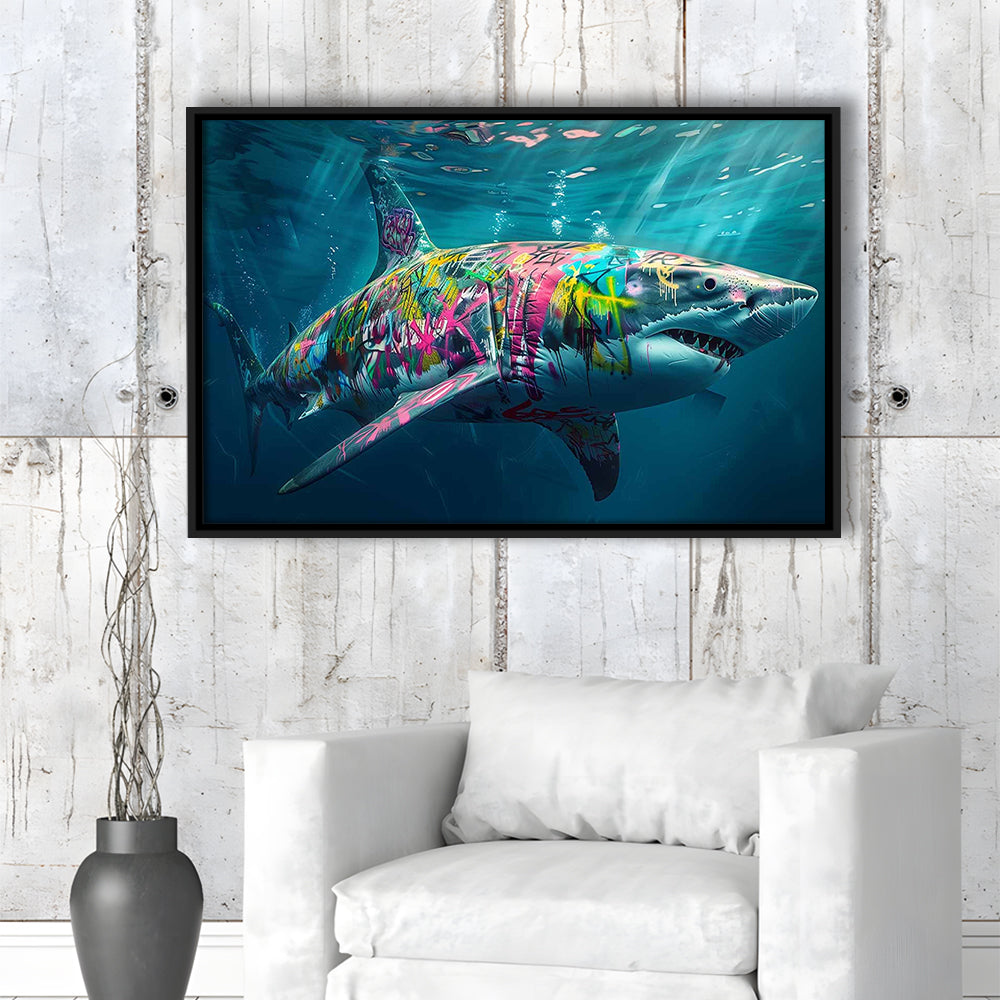 Magnificent Great White Shark Graffiti An Exquisite, Capturing The Essence Of Underwater, Framed Cavas Print