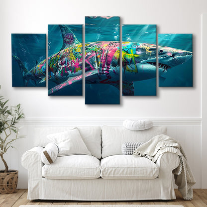 Magnificent Great White Shark Graffiti An Exquisite, Capturing the Essence of Underwater, 5 Piece Large Cavas Print Wall Art