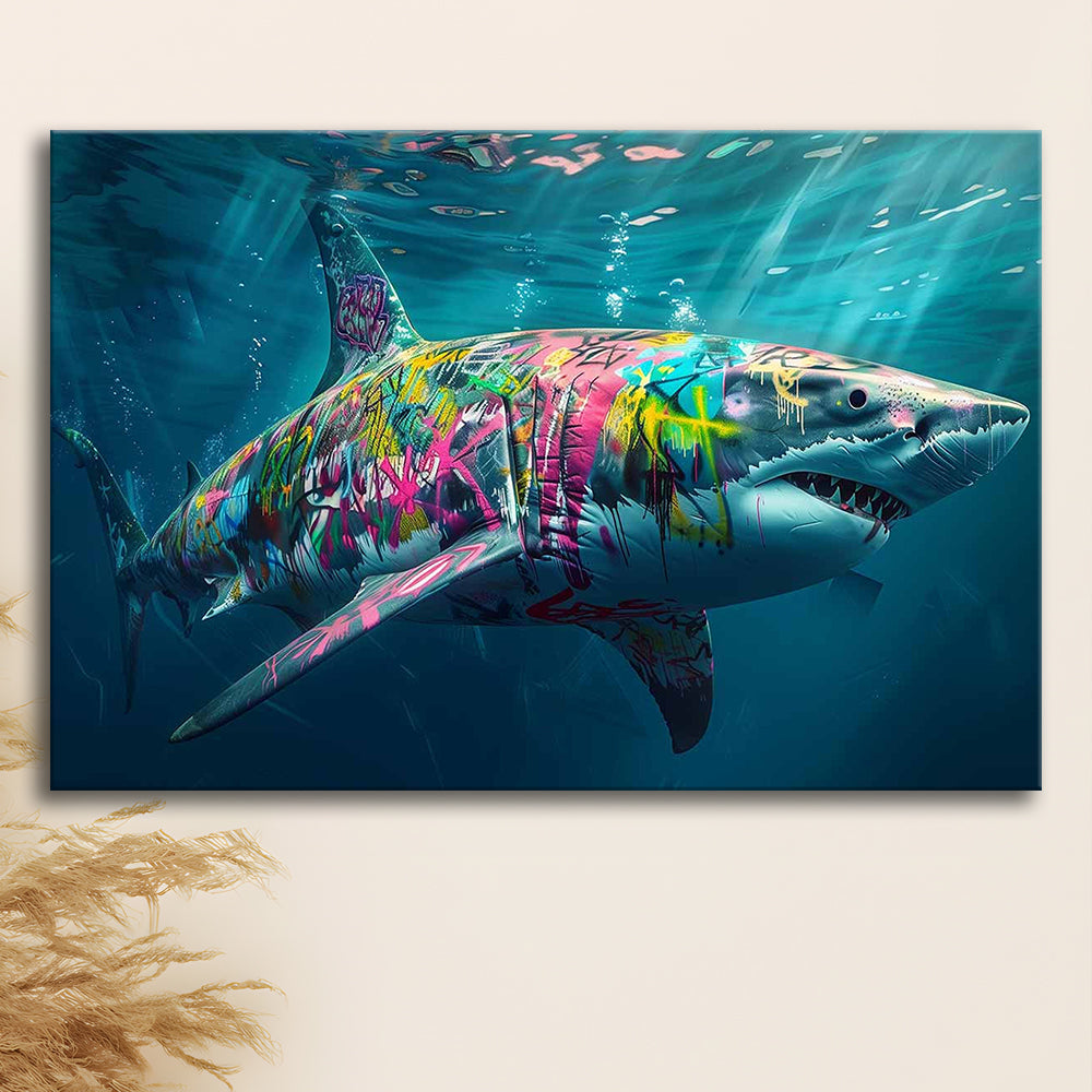 Magnificent Great White Shark Graffiti An Exquisite, Capturing the Essence of Underwater, Cavas Print Wall Art Hom Decor