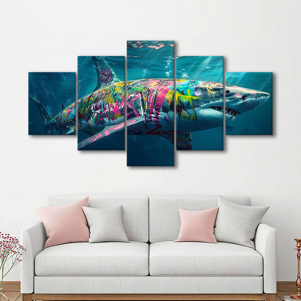Magnificent Great White Shark Graffiti An Exquisite, Capturing the Essence of Underwater, 5 Piece Large Cavas Print Wall Art