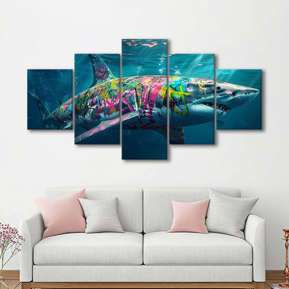 Magnificent Great White Shark Graffiti An Exquisite, Capturing the Essence of Underwater, 5 Piece Large Cavas Print Wall Art