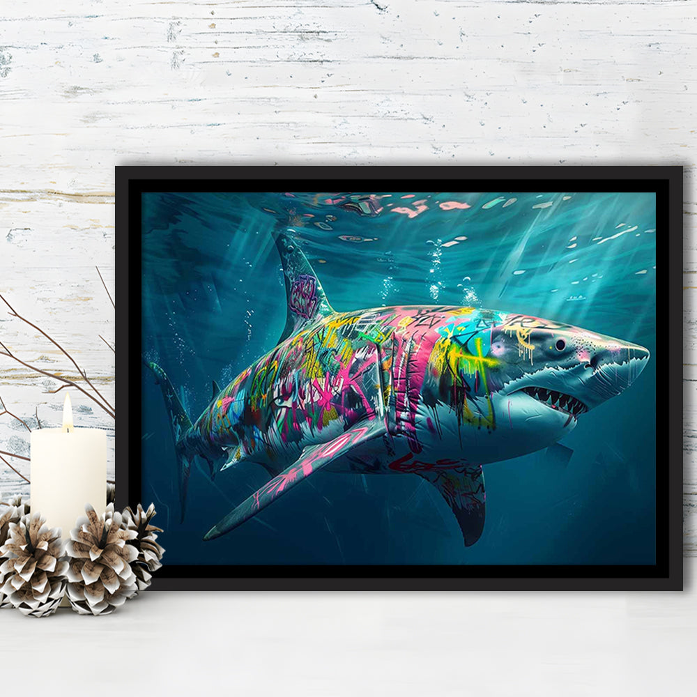 Magnificent Great White Shark Graffiti An Exquisite, Capturing The Essence Of Underwater, Framed Cavas Print