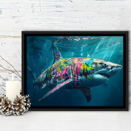 Magnificent Great White Shark Graffiti An Exquisite, Capturing The Essence Of Underwater, Framed Cavas Print
