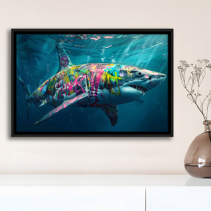 Magnificent Great White Shark Graffiti An Exquisite, Capturing The Essence Of Underwater, Framed Cavas Print