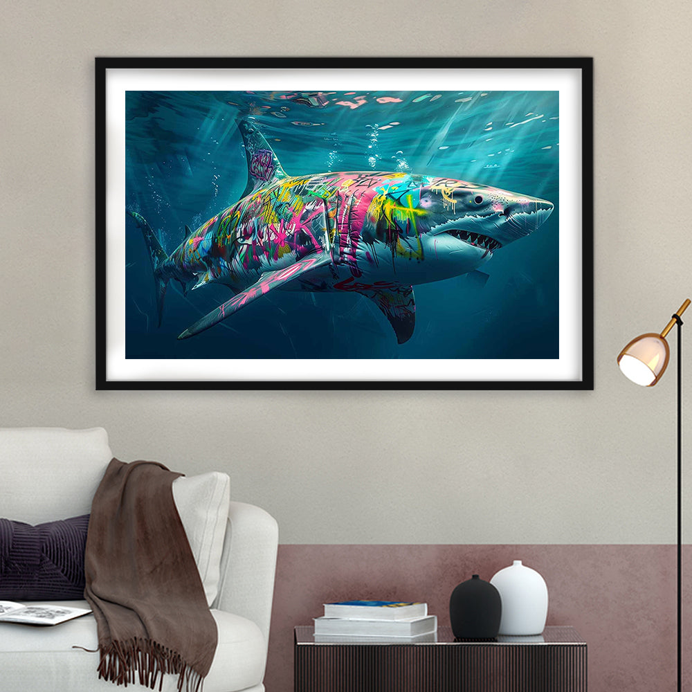 Magnificent Great White Shark Graffiti An Exquisite, Capturing The Essence, Framed Art Print White Border