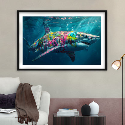 Magnificent Great White Shark Graffiti An Exquisite, Capturing The Essence, Framed Art Print White Border