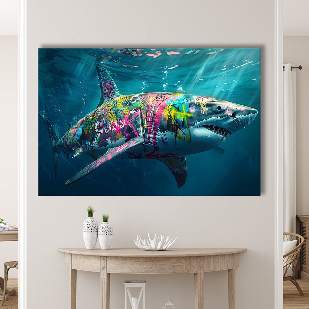 Magnificent Great White Shark Graffiti An Exquisite, Capturing the Essence of Underwater, Cavas Print Wall Art Hom Decor