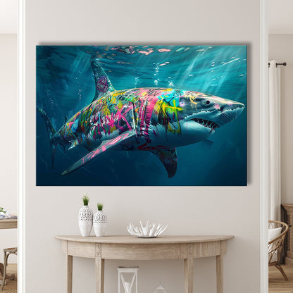 Magnificent Great White Shark Graffiti An Exquisite, Capturing the Essence of Underwater, Cavas Print Wall Art Hom Decor