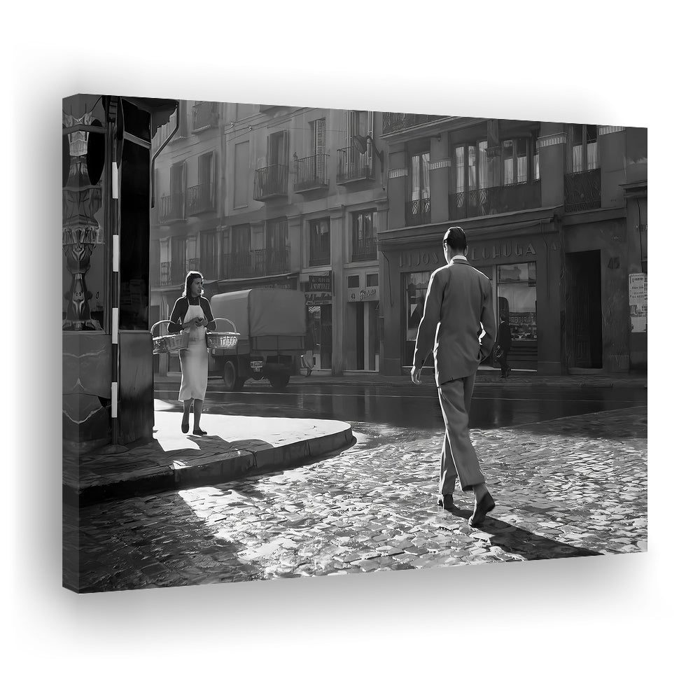 Main Street of Calle Mayor Madrid Canvas Print Wall Art, Spain 1950s, Black and White Print, Retro Wall Decor