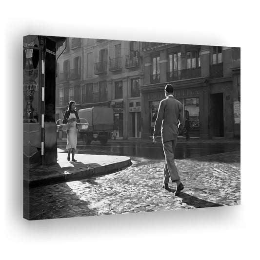 Main Street of Calle Mayor Madrid Canvas Print Wall Art, Spain 1950s, Black and White Print, Retro Wall Decor