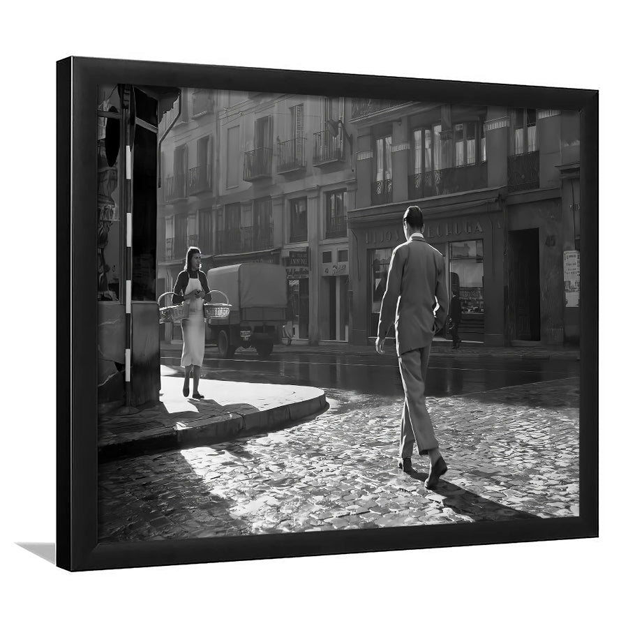 Main Street of Calle Mayor Madrid Framed Art Print Wall Decor, Spain 1950s, Black and White Print, Retro Wall Decor