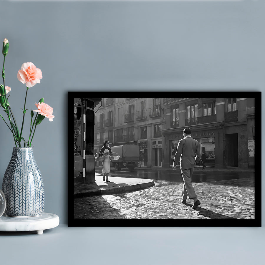 Main Street of Calle Mayor Madrid Framed Art Print Wall Decor, Spain 1950s, Black and White Print, Retro Wall Decor
