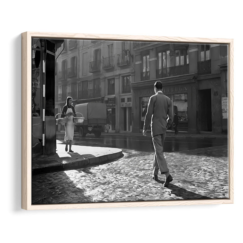 Main Street of Calle Mayor Madrid Framed Canvas Print Wall Art, Spain 1950s, Black and White Print, Retro Wall Decor