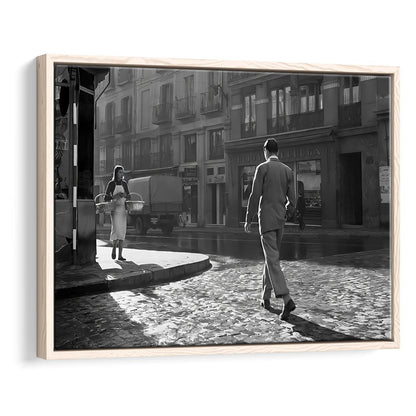 Main Street of Calle Mayor Madrid Framed Canvas Print Wall Art, Spain 1950s, Black and White Print, Retro Wall Decor