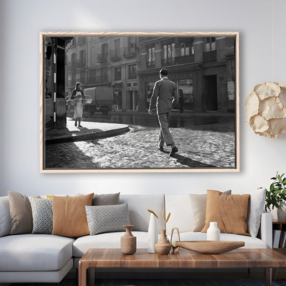 Main Street of Calle Mayor Madrid Framed Canvas Print Wall Art, Spain 1950s, Black and White Print, Retro Wall Decor