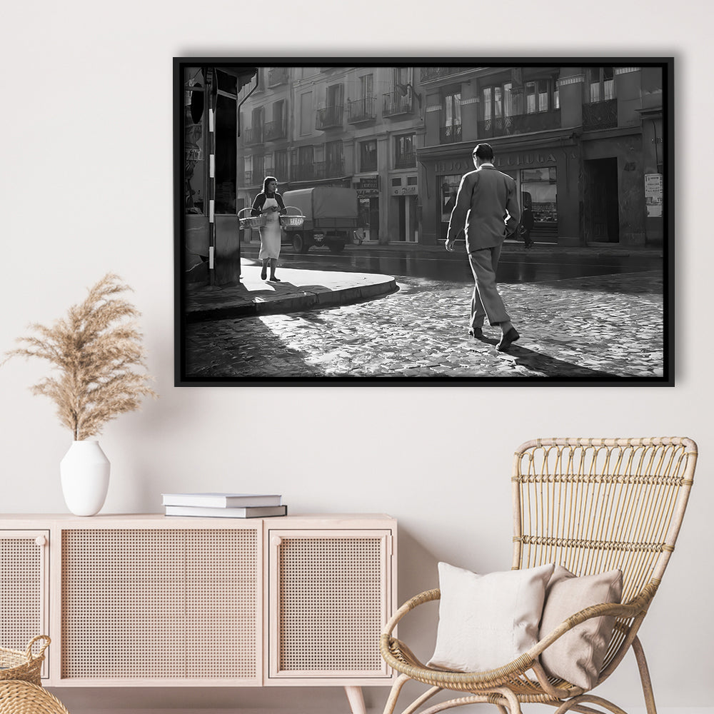 Main Street of Calle Mayor Madrid Framed Canvas Print Wall Art, Spain 1950s, Black and White Print, Retro Wall Decor