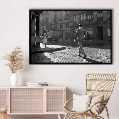 Main Street of Calle Mayor Madrid Framed Canvas Print Wall Art, Spain 1950s, Black and White Print, Retro Wall Decor