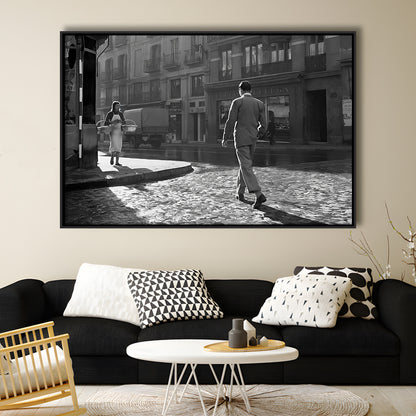 Main Street of Calle Mayor Madrid Framed Canvas Print Wall Art, Spain 1950s, Black and White Print, Retro Wall Decor
