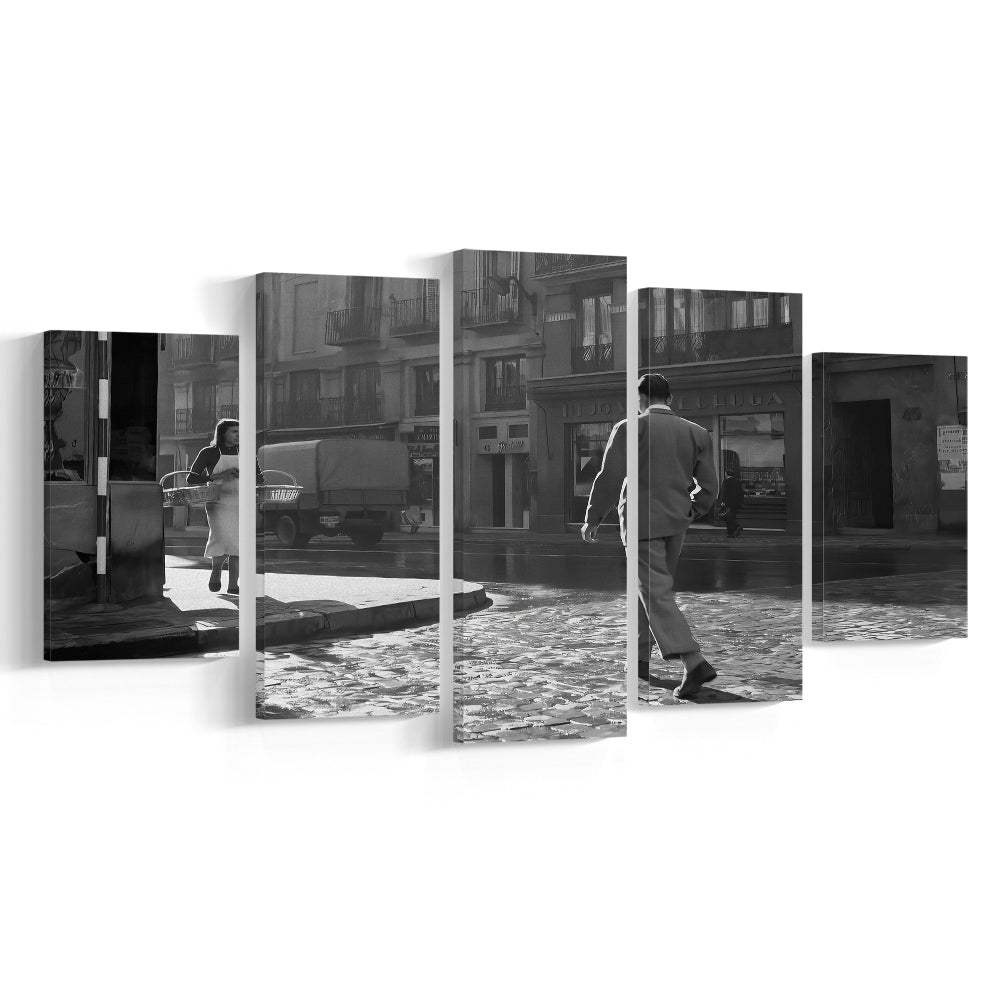 Main Street of Calle Mayor Madrid Mixed Canvas Print Wall Art, Spain 1950s, Black and White Print, Retro Wall Decor