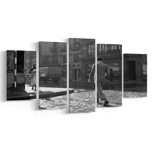 Main Street of Calle Mayor Madrid Mixed Canvas Print Wall Art, Spain 1950s, Black and White Print, Retro Wall Decor