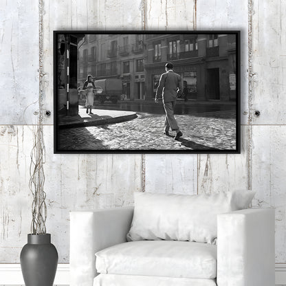 Main Street of Calle Mayor Madrid Framed Canvas Print Wall Art, Spain 1950s, Black and White Print, Retro Wall Decor