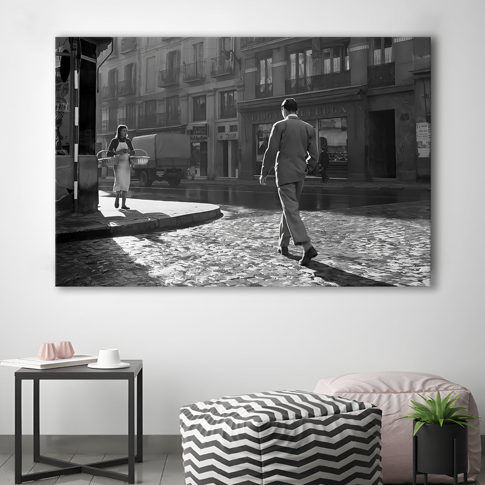 Main Street of Calle Mayor Madrid Canvas Print Wall Art, Spain 1950s, Black and White Print, Retro Wall Decor