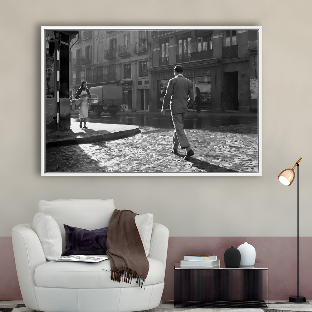 Main Street of Calle Mayor Madrid Framed Canvas Print Wall Art, Spain 1950s, Black and White Print, Retro Wall Decor