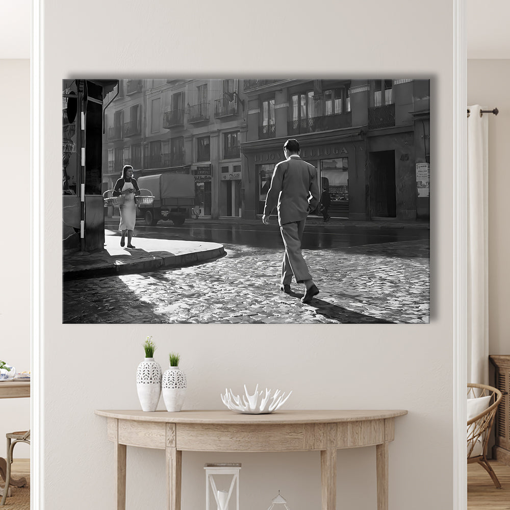 Main Street of Calle Mayor Madrid Canvas Print Wall Art, Spain 1950s, Black and White Print, Retro Wall Decor