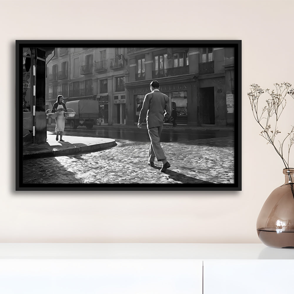Main Street of Calle Mayor Madrid Framed Canvas Print Wall Art, Spain 1950s, Black and White Print, Retro Wall Decor