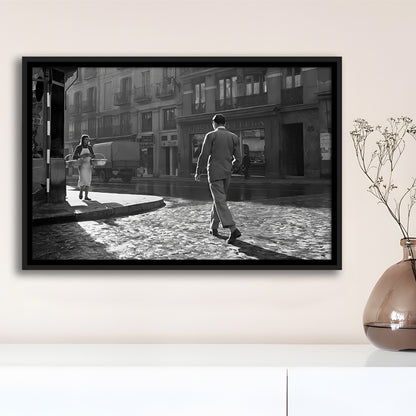 Main Street of Calle Mayor Madrid Framed Canvas Print Wall Art, Spain 1950s, Black and White Print, Retro Wall Decor