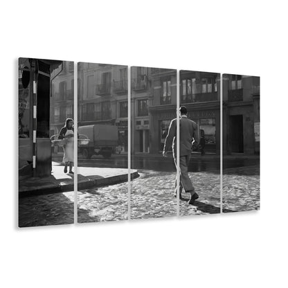 Main Street of Calle Mayor Madrid 5 Panels Canvas Print Wall Art, Spain 1950s, Black and White Print, Retro Wall Decor