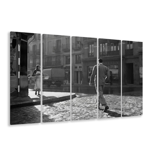 Main Street of Calle Mayor Madrid 5 Panels Canvas Print Wall Art, Spain 1950s, Black and White Print, Retro Wall Decor