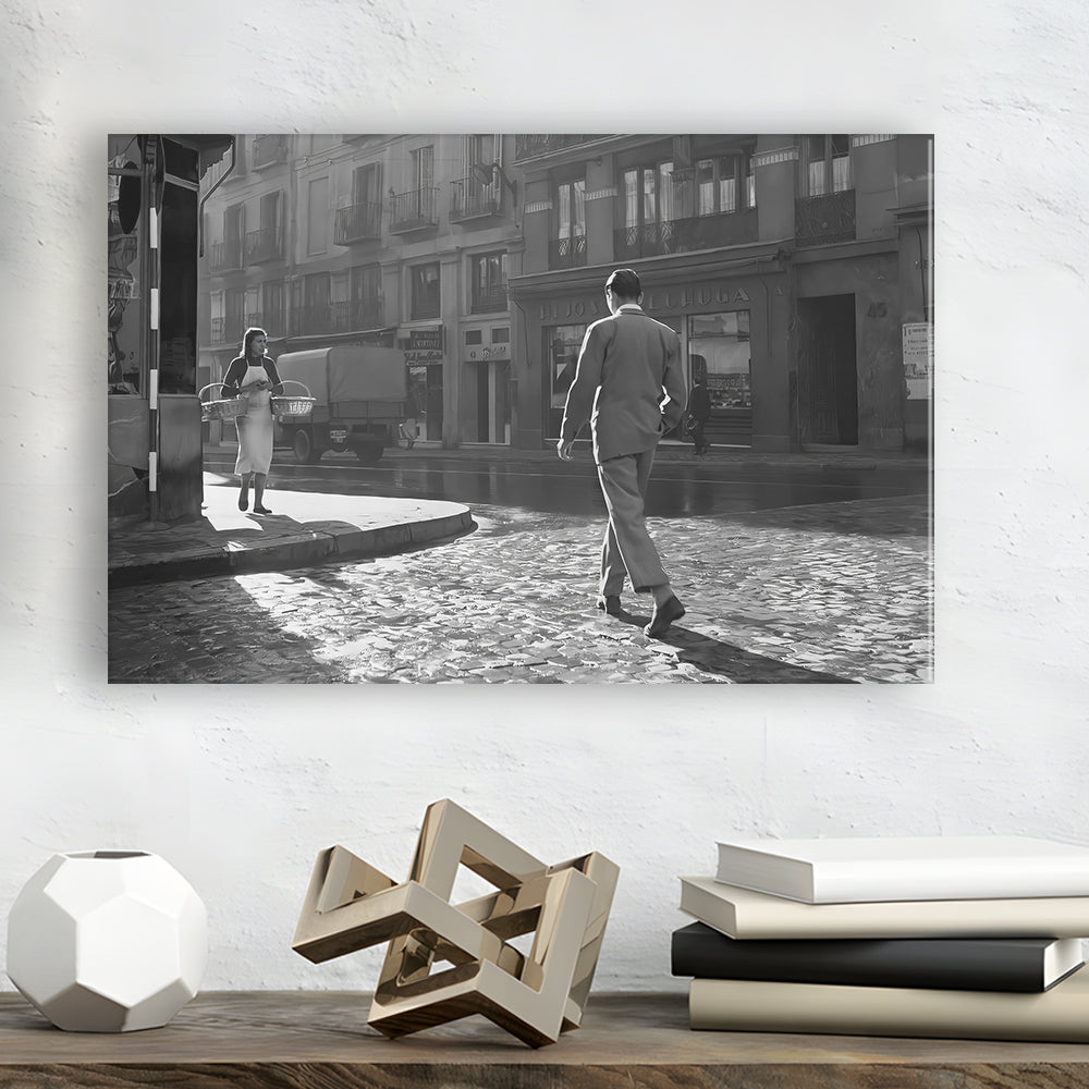 Main Street of Calle Mayor Madrid Canvas Print Wall Art, Spain 1950s, Black and White Print, Retro Wall Decor