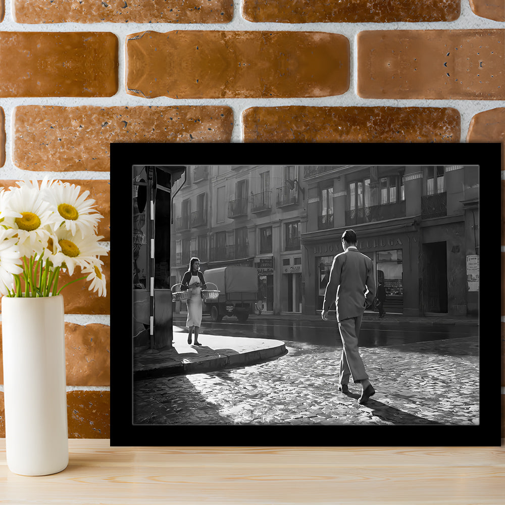 Main Street of Calle Mayor Madrid Framed Art Print Wall Decor, Spain 1950s, Black and White Print, Retro Wall Decor