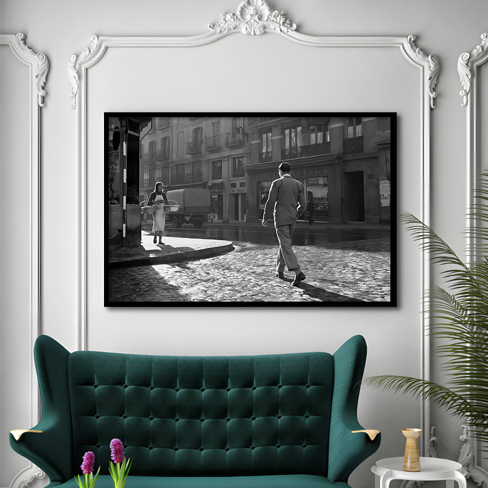 Main Street of Calle Mayor Madrid Framed Art Print Wall Decor, Spain 1950s, Black and White Print, Retro Wall Decor