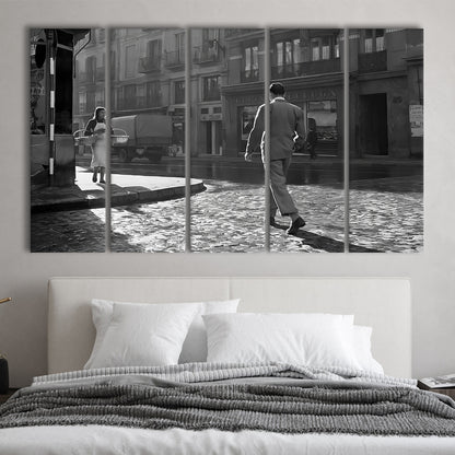 Main Street of Calle Mayor Madrid 5 Panels Canvas Print Wall Art, Spain 1950s, Black and White Print, Retro Wall Decor