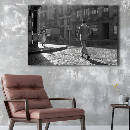 Main Street of Calle Mayor Madrid Canvas Print Wall Art, Spain 1950s, Black and White Print, Retro Wall Decor