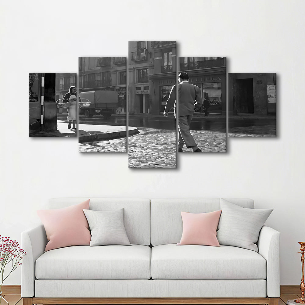 Main Street of Calle Mayor Madrid Mixed Canvas Print Wall Art, Spain 1950s, Black and White Print, Retro Wall Decor