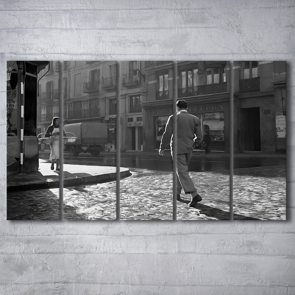 Main Street of Calle Mayor Madrid 5 Panels Canvas Print Wall Art, Spain 1950s, Black and White Print, Retro Wall Decor