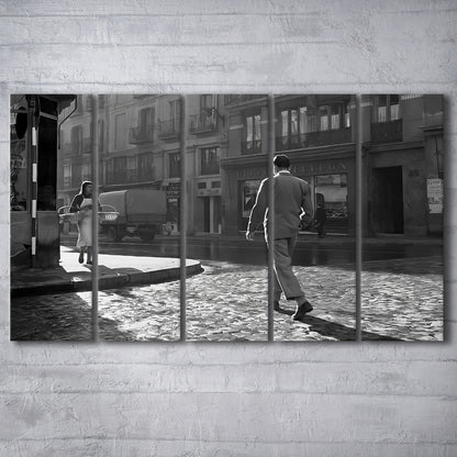 Main Street of Calle Mayor Madrid 5 Panels Canvas Print Wall Art, Spain 1950s, Black and White Print, Retro Wall Decor
