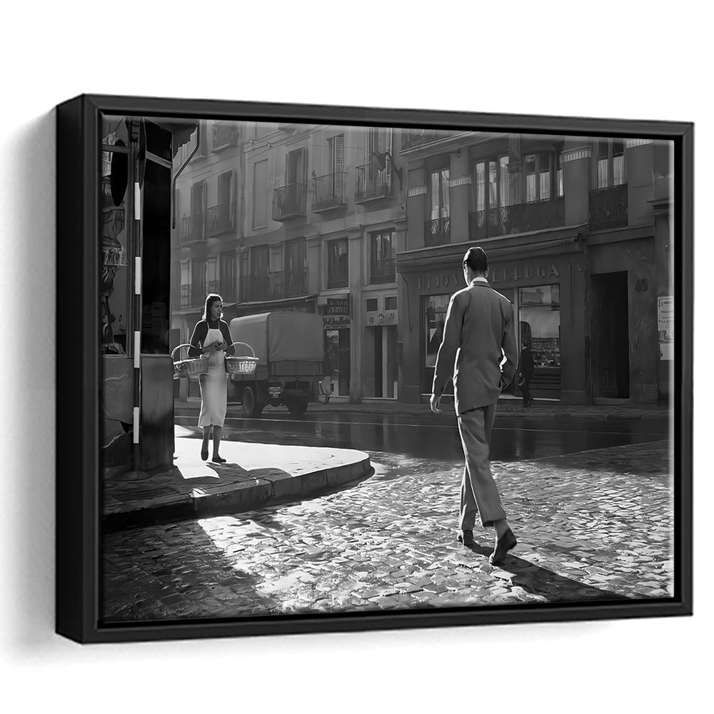 Main Street of Calle Mayor Madrid Framed Canvas Print Wall Art, Spain 1950s, Black and White Print, Retro Wall Decor